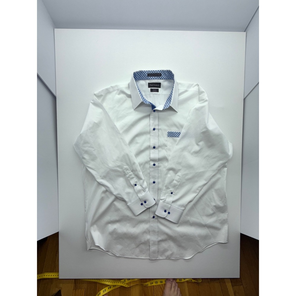 Paul Fredrick Mens White Non-Iron Dress Shirt 18.5 x 34 Classic Fit Blue Trim